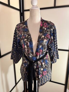 Anthropologie Multicolor Patterned Belted Cardigan - Blue, Pink, Black